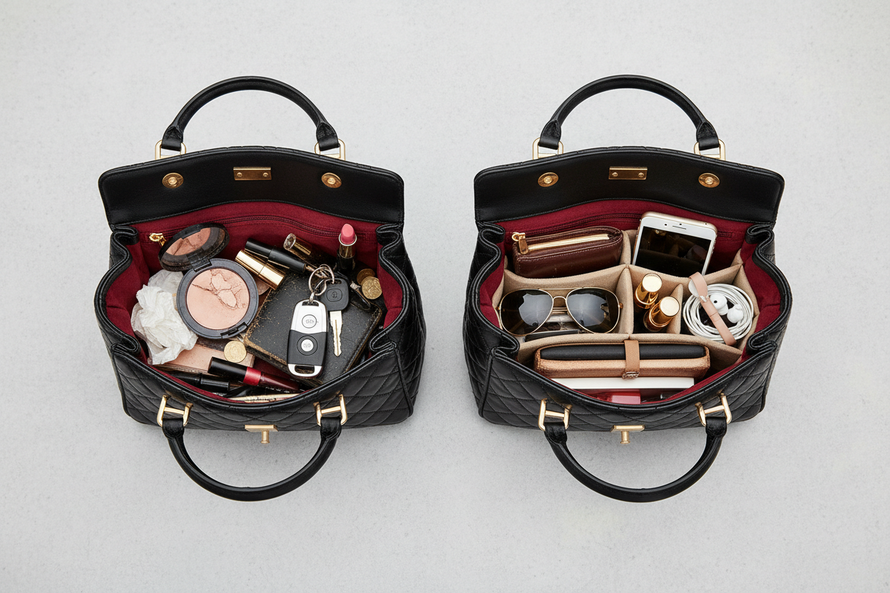 deux sac superbes les deux memes un avec l'intérieur en désordre et celui d'a cote avec notre organisateur de sac avec le mémes choses que l'autres mais bien arrangés dans l'organisateur 