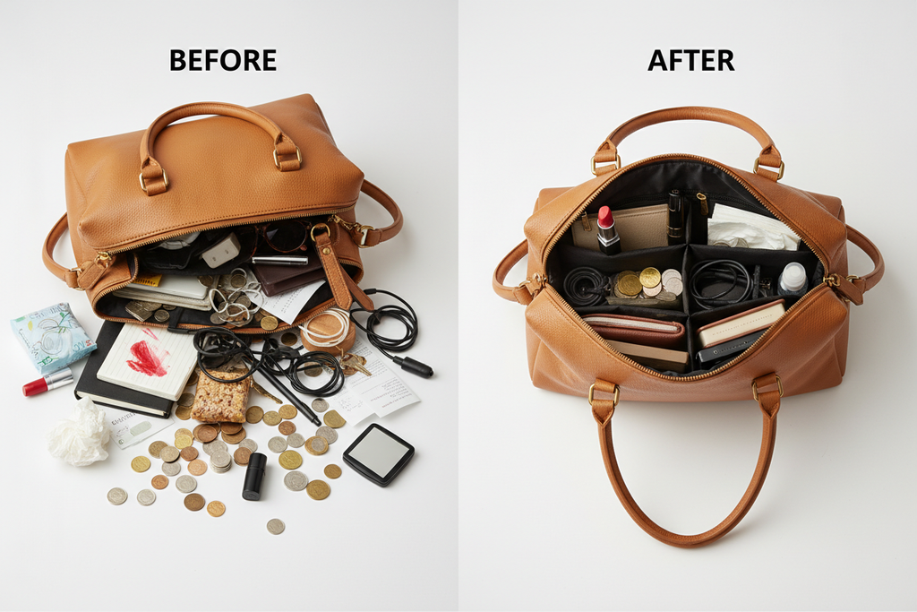 sac bordélique et a cote sac bien range avec l'organisateur de sac noir 